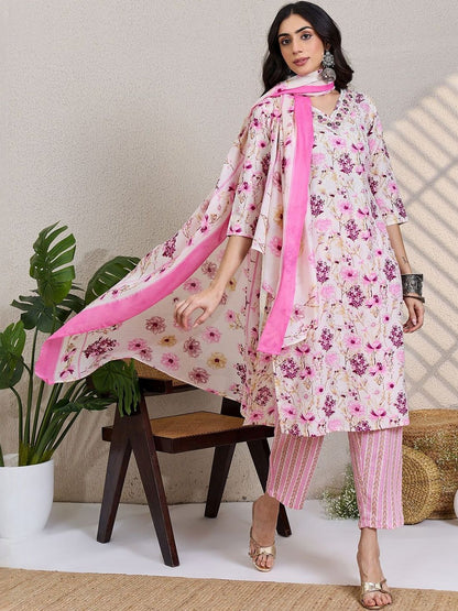 Women Floral Printed Thread Work Pure Cotton Kurta with Trousers & Dupatta