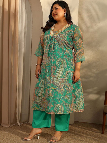 Dhiyona Women's Plus Size Paisley Printed Kurta with Trousers & With Dupatta