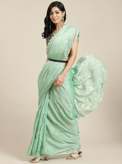 Women's Georgette Green Solid Belted Sarees With Blouse Piece
