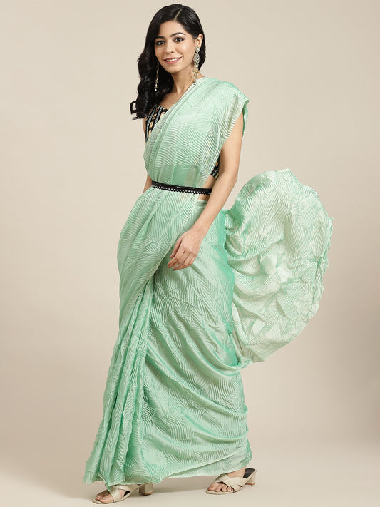 Women's Georgette Green Solid Belted Sarees With Blouse Piece