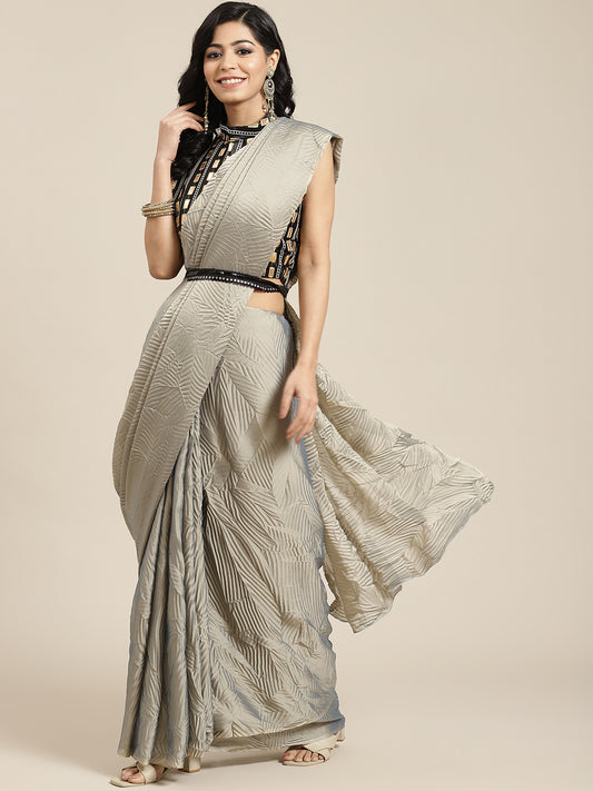 Women's Georgette Grey Solid Belted Sarees With Blouse Piece