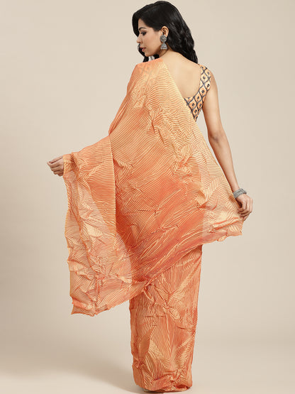 Women's Georgette Orange Solid Belted Sarees With Blouse Piece