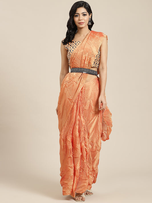 Women's Georgette Orange Solid Belted Sarees With Blouse Piece