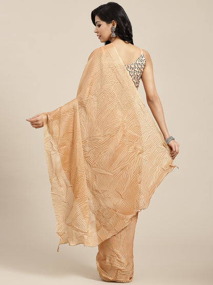 Women's Georgette Peach Solid Belted Sarees With Blouse Piece