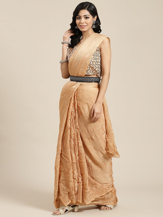 Women's Georgette Peach Solid Belted Sarees With Blouse Piece