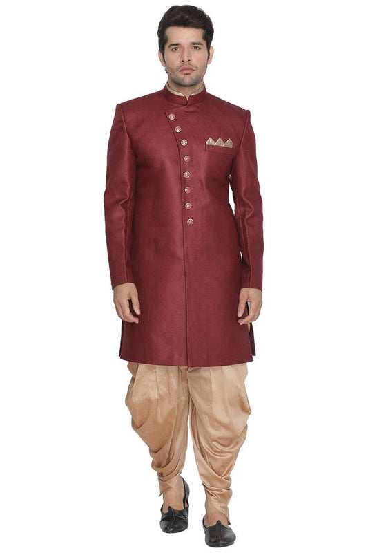 Men's Maroon Polyester Lurex Blend Straight Sherwani Set