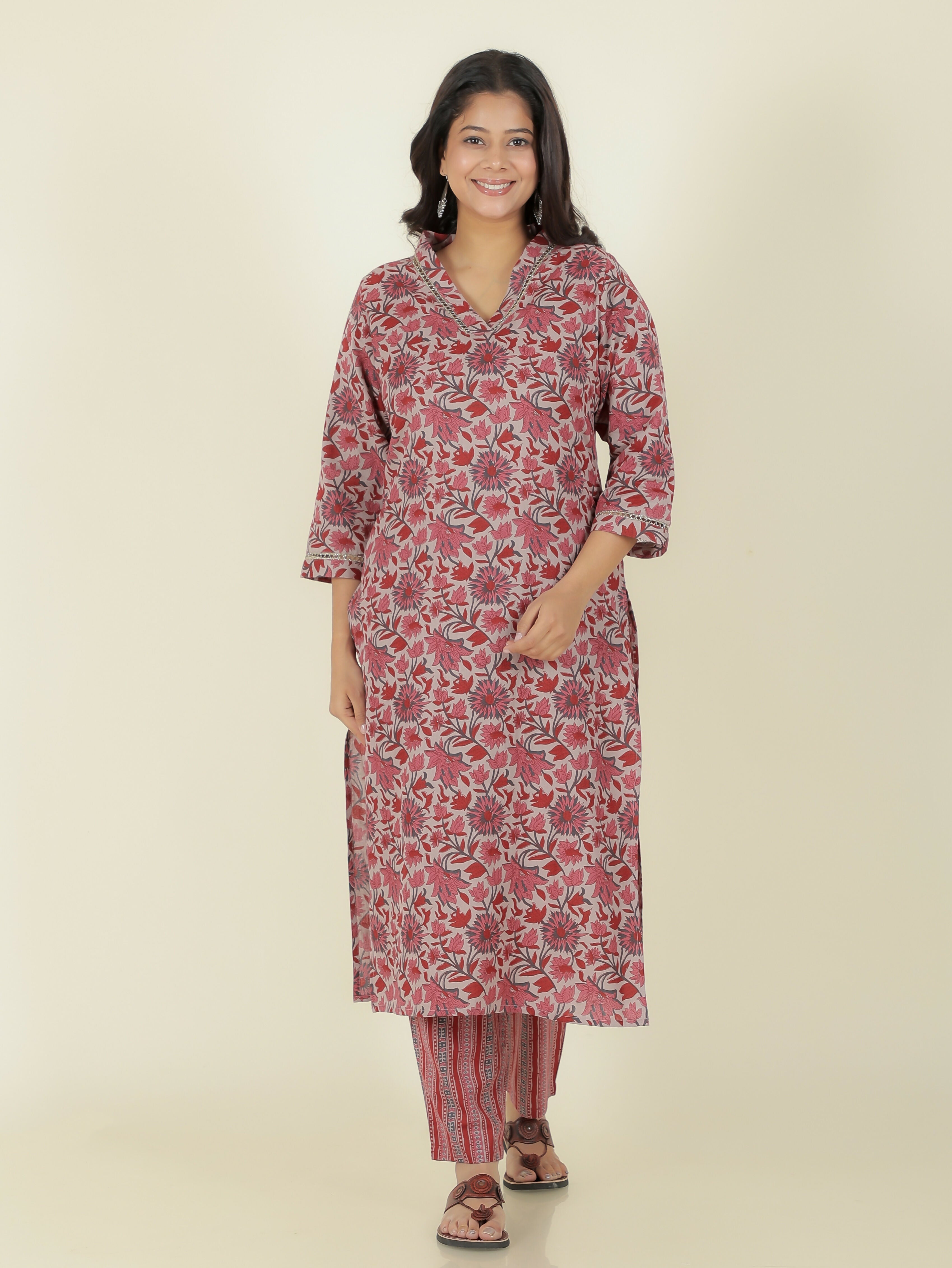 Women's Straight Linen Cotton Floral Print Women's Kurta - Grey