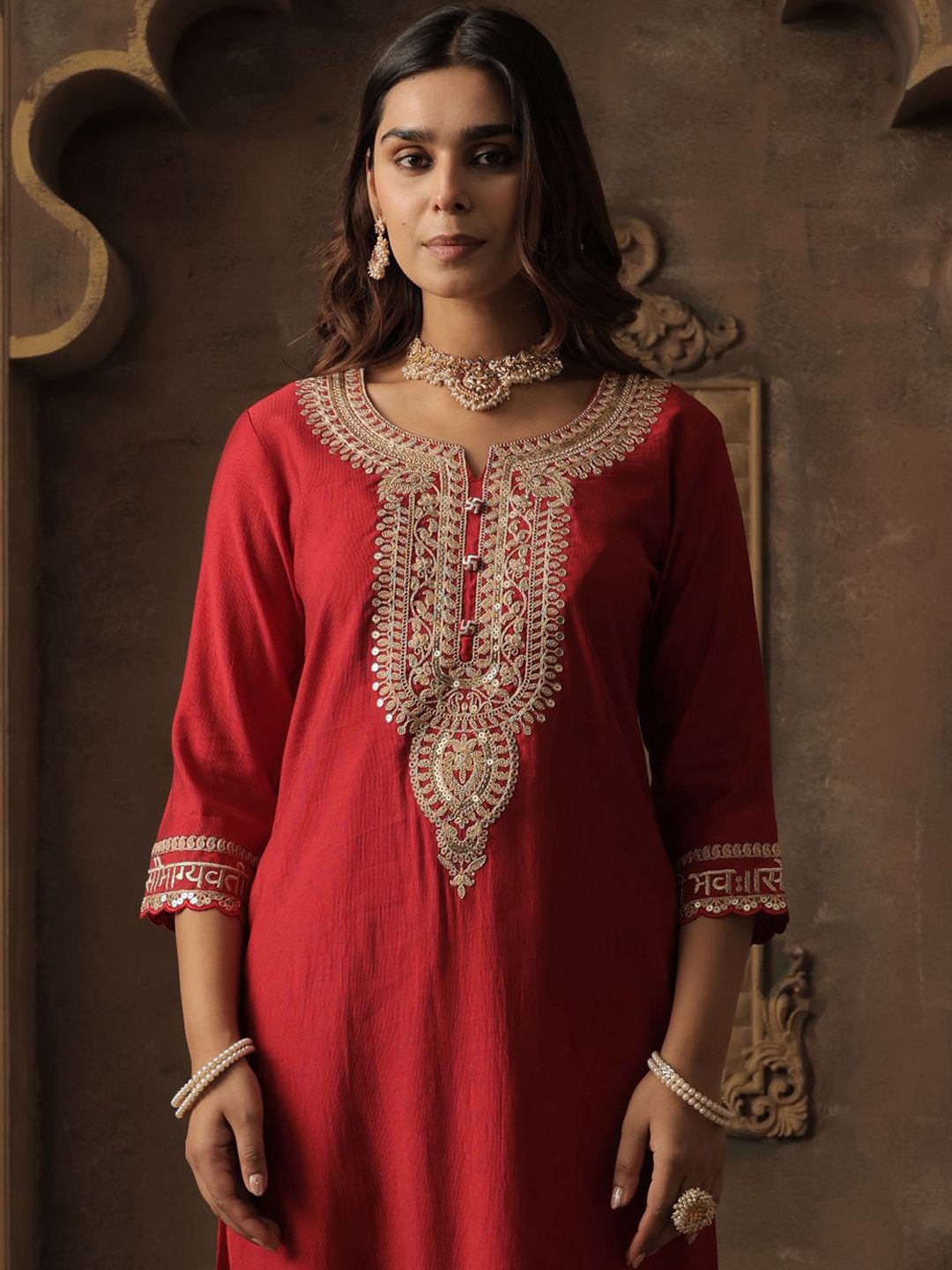 Ethnic Motifs Yoke Design Notch Neck Sequinned Straight Kurta With Trousers