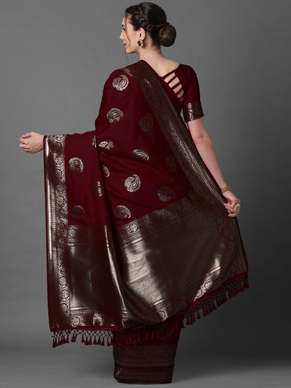 Women's Silk Blend Brown Woven Design Celebrity Saree With Blouse Piece