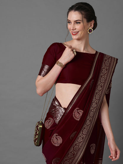 Women's Silk Blend Brown Woven Design Celebrity Saree With Blouse Piece
