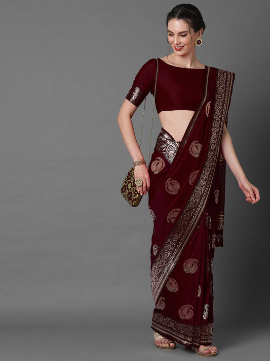 Women's Silk Blend Brown Woven Design Celebrity Saree With Blouse Piece