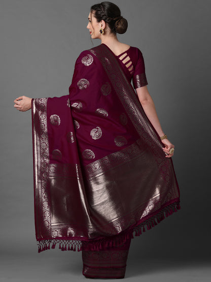 Women's Silk Blend Magenta Woven Design Celebrity Saree With Blouse Piece