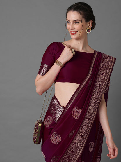 Women's Silk Blend Magenta Woven Design Celebrity Saree With Blouse Piece