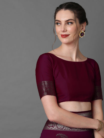 Women's Silk Blend Magenta Woven Design Celebrity Saree With Blouse Piece
