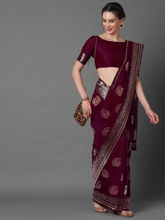 Women's Silk Blend Magenta Woven Design Celebrity Saree With Blouse Piece