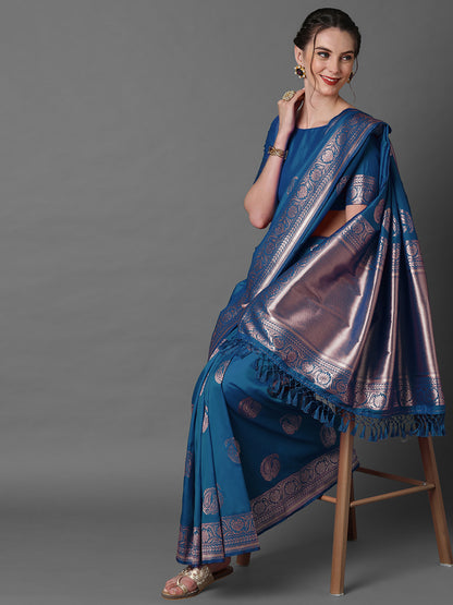 Women's Silk Blend Blue Woven Design Celebrity Saree With Blouse Piece
