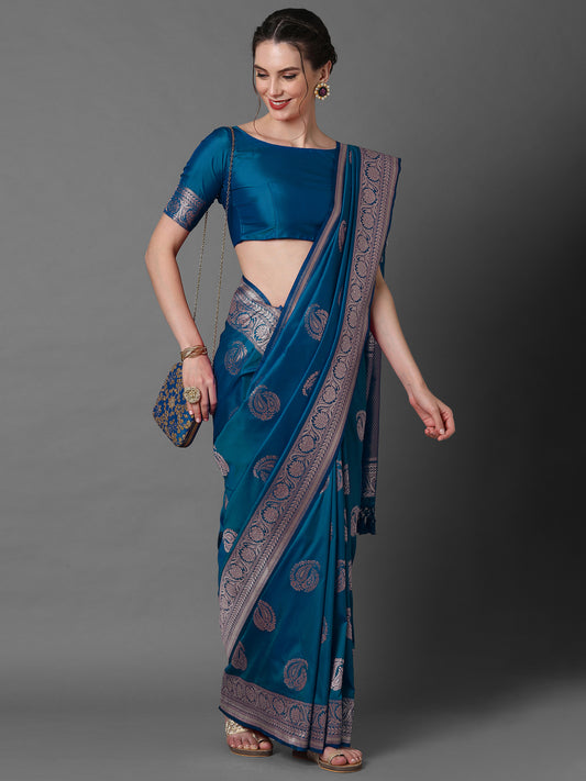 Women's Silk Blend Blue Woven Design Celebrity Saree With Blouse Piece