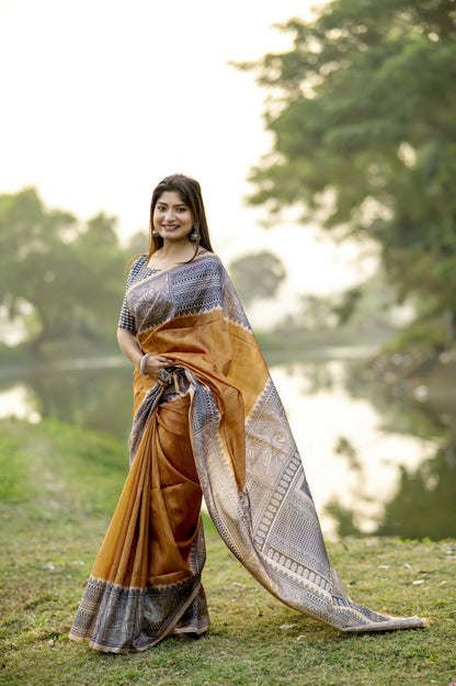 Women Yogita Madhubani 3 Cof Mustard Saree With Unstiched Blouse