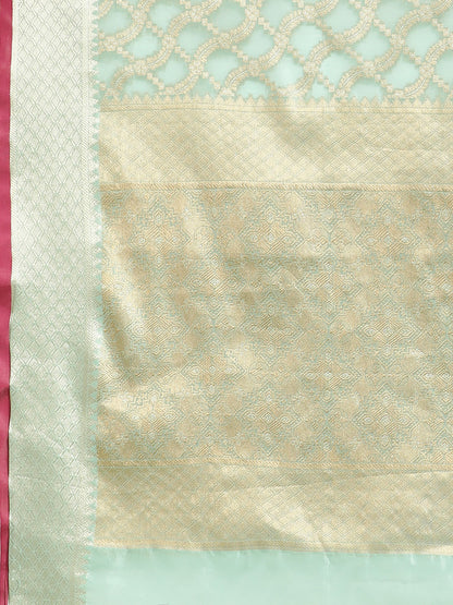 Women's Silk Blend Sea Green Woven Design Designer Saree With Blouse Piece