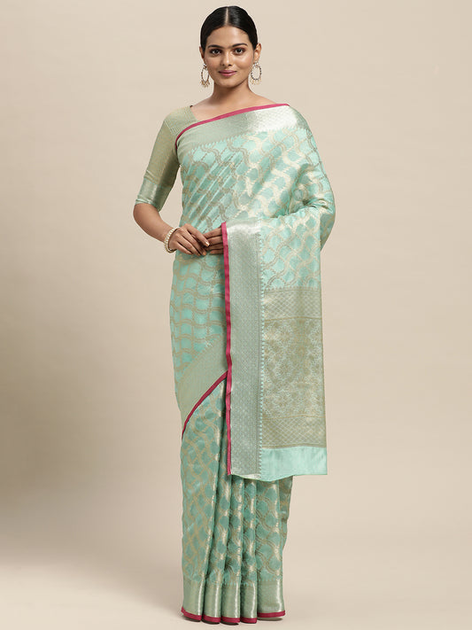 Women's Silk Blend Sea Green Woven Design Designer Saree With Blouse Piece