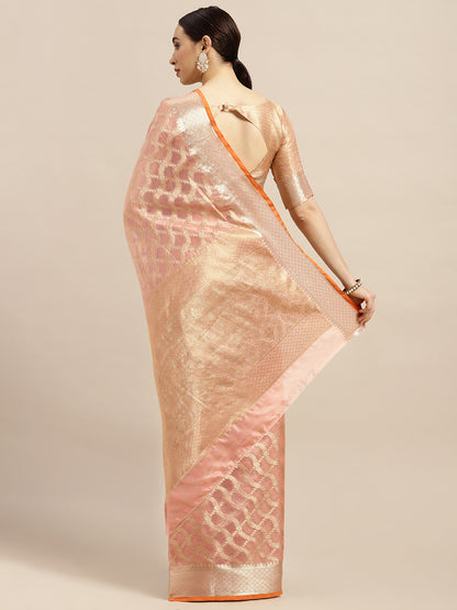 Women's Silk Blend Peach Woven Design Designer Saree With Blouse Piece