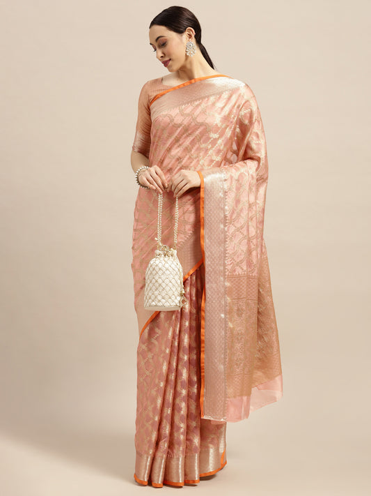 Women's Silk Blend Peach Woven Design Designer Saree With Blouse Piece