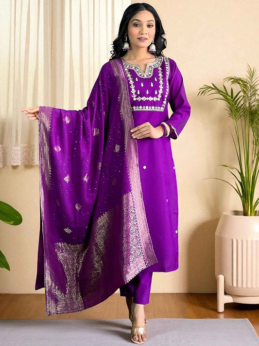 Dhiyona SN Women's Embroidered Pure Cotton Kurta & Trousers With Dupatta