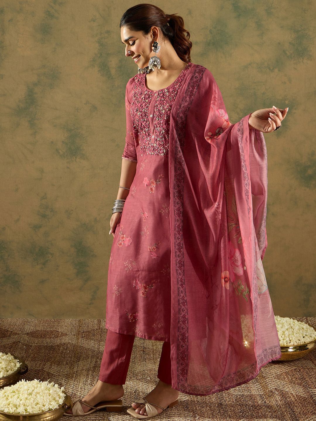 Floral Printed Thread Work Chanderi Silk Straight Kurta with Trouser & Dupatta