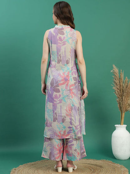 Dhiyona SN Women's Beige Floral Printed Mirror Work V-Neck Straight Kurta With Trousers