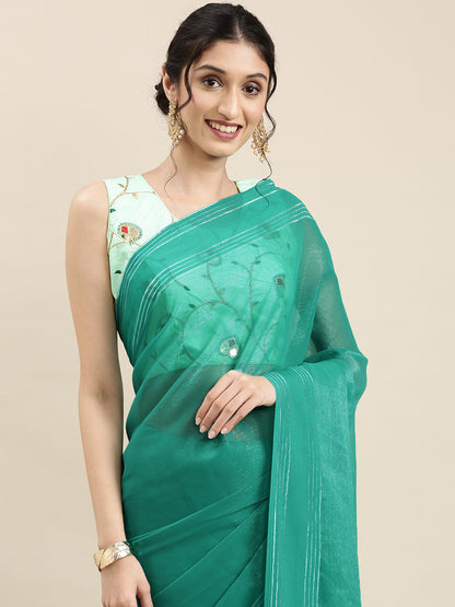 Women's Georgette Sea Green Solid Designer Saree With Blouse Piece
