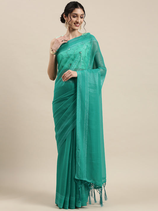 Women's Georgette Sea Green Solid Designer Saree With Blouse Piece
