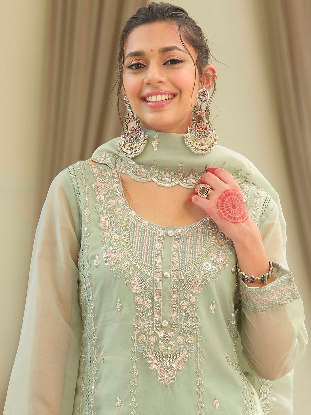 Ethnic Motifs Embroidered Sequinned Kurta With Trousers & Dupatta