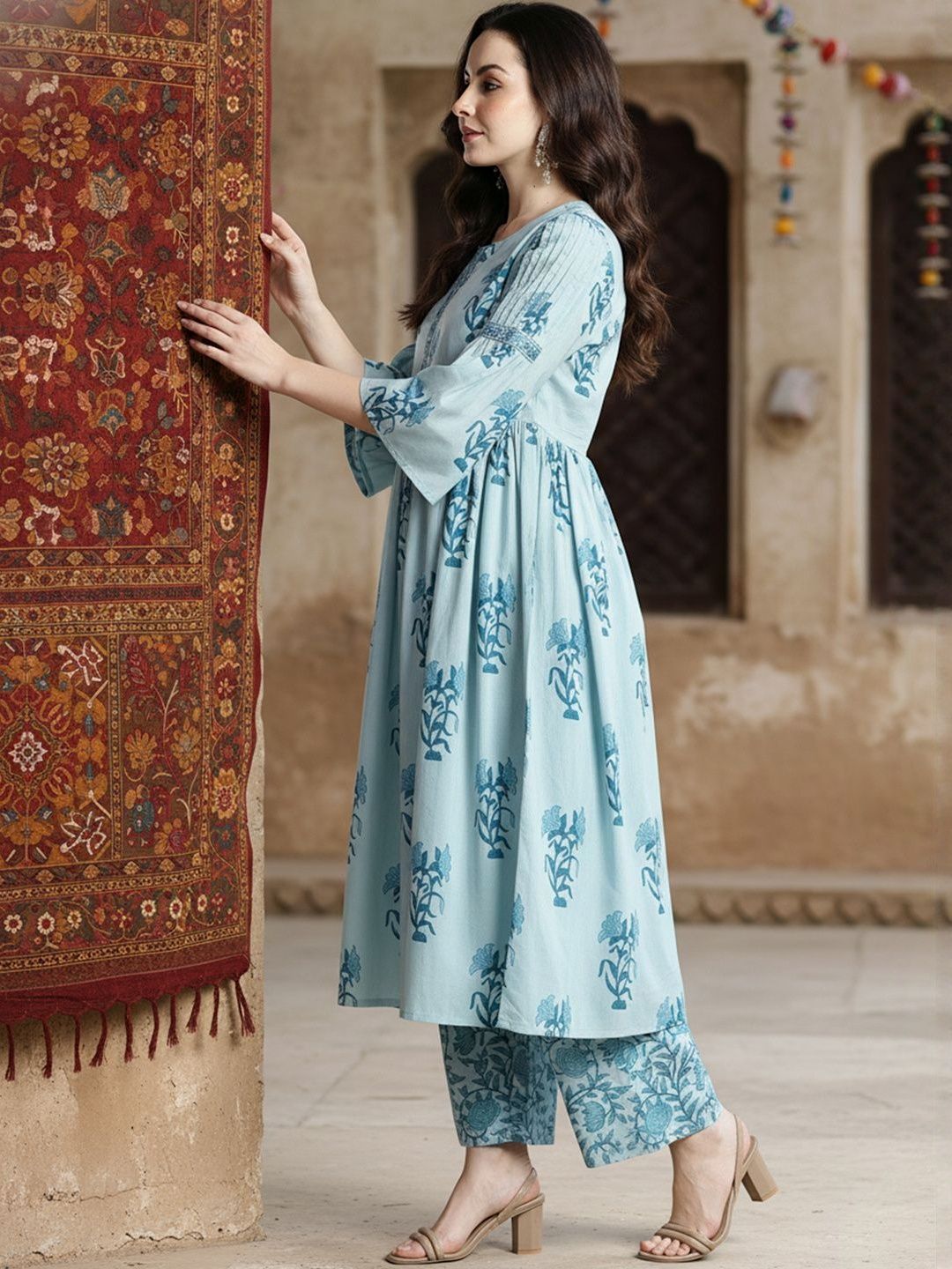 Floral Printed Empire Notch Neck Pure Cotton A-Line Kurta With Palazzos