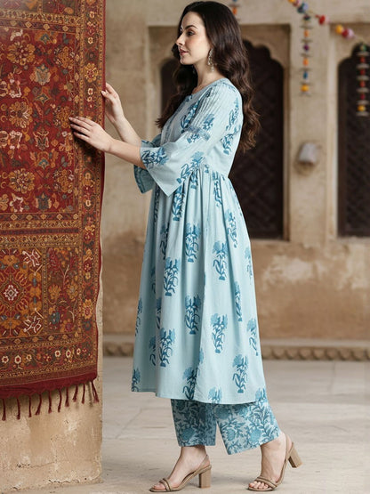 Floral Printed Empire Notch Neck Pure Cotton A-Line Kurta With Palazzos