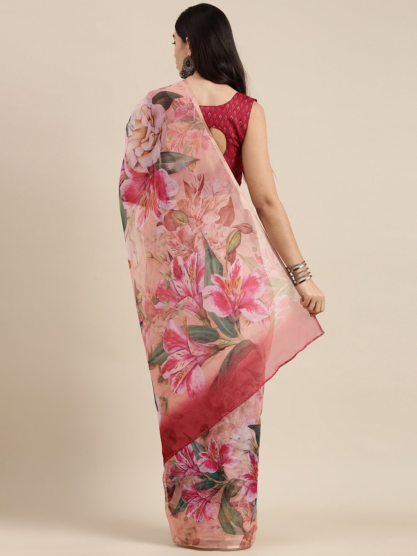 Women's Organza Peach Digital Print Celebrity Saree With Blouse Piece