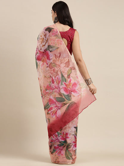 Women's Organza Peach Digital Print Celebrity Saree With Blouse Piece