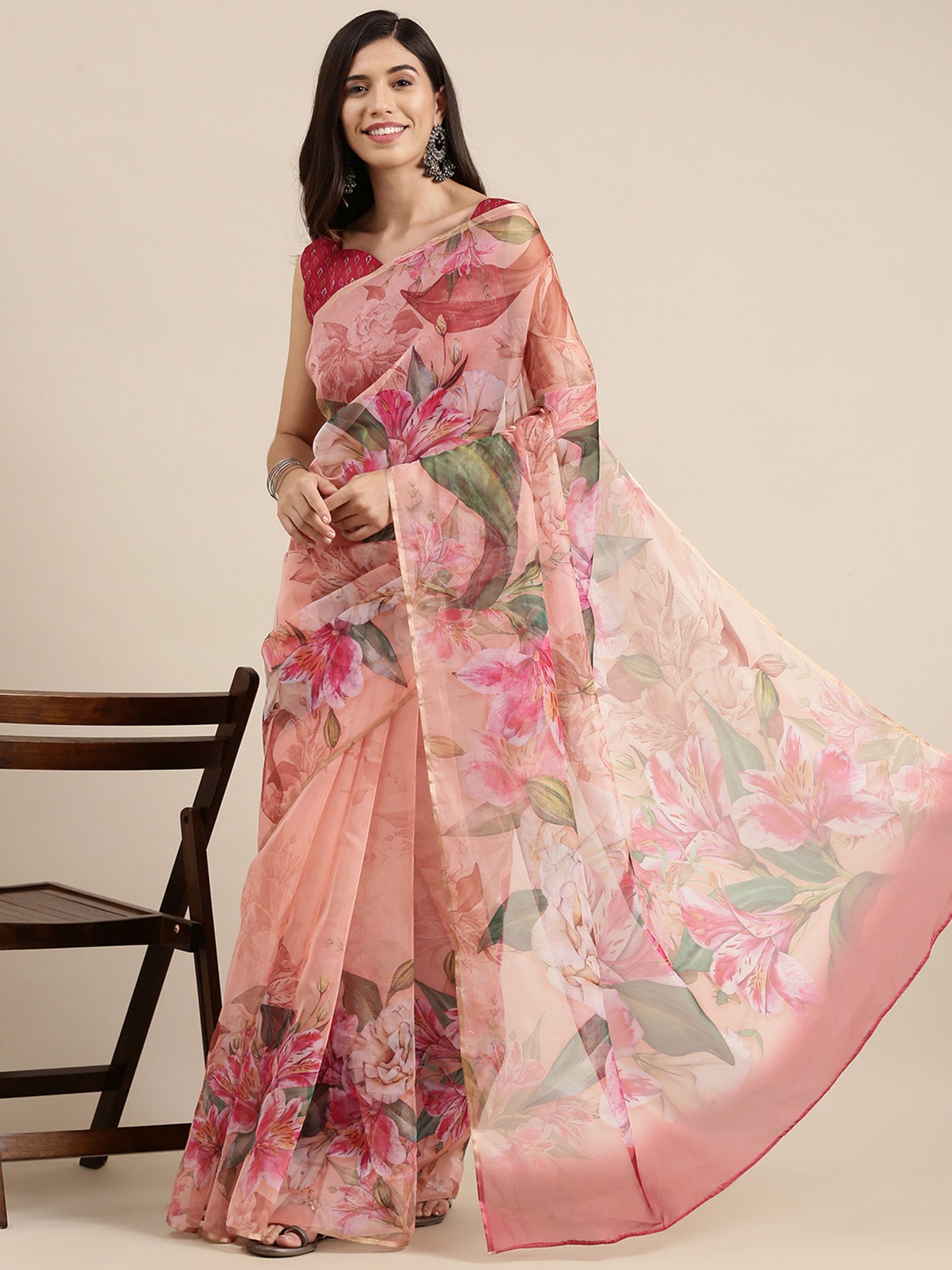 Women's Organza Peach Digital Print Celebrity Saree With Blouse Piece