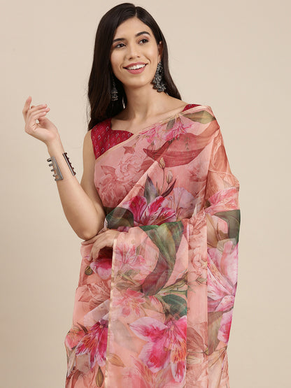 Women's Organza Peach Digital Print Celebrity Saree With Blouse Piece