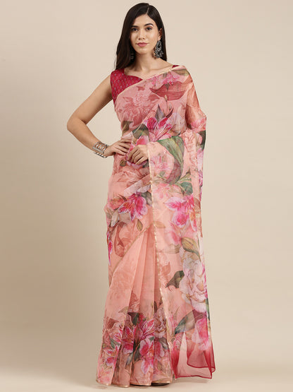 Women's Organza Peach Digital Print Celebrity Saree With Blouse Piece