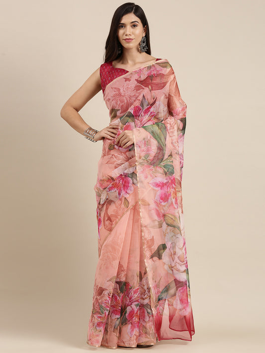Women's Organza Peach Digital Print Celebrity Saree With Blouse Piece