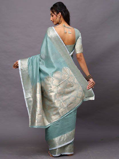 Women's Linen Blend Sea Green Woven Design Designer Saree With Blouse Piece