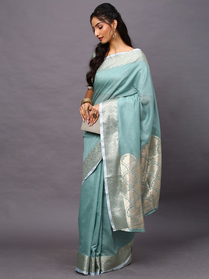 Women's Linen Blend Sea Green Woven Design Designer Saree With Blouse Piece