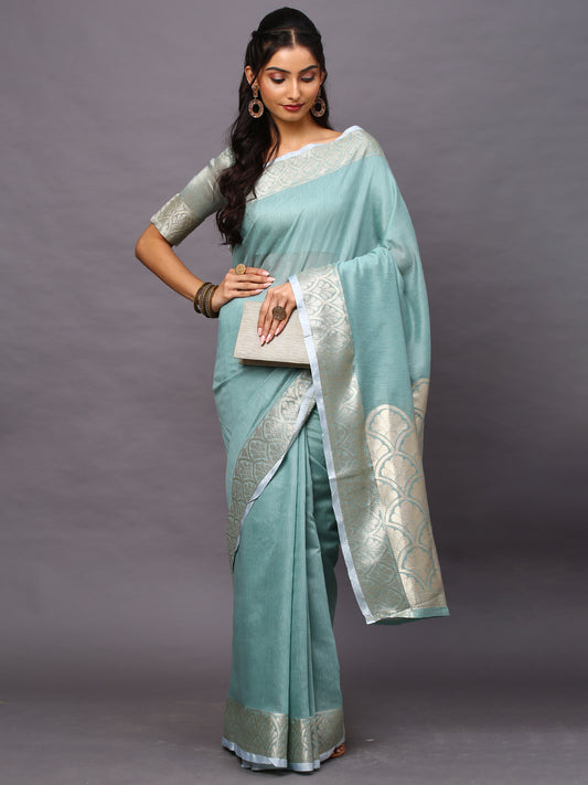 Women's Linen Blend Sea Green Woven Design Designer Saree With Blouse Piece