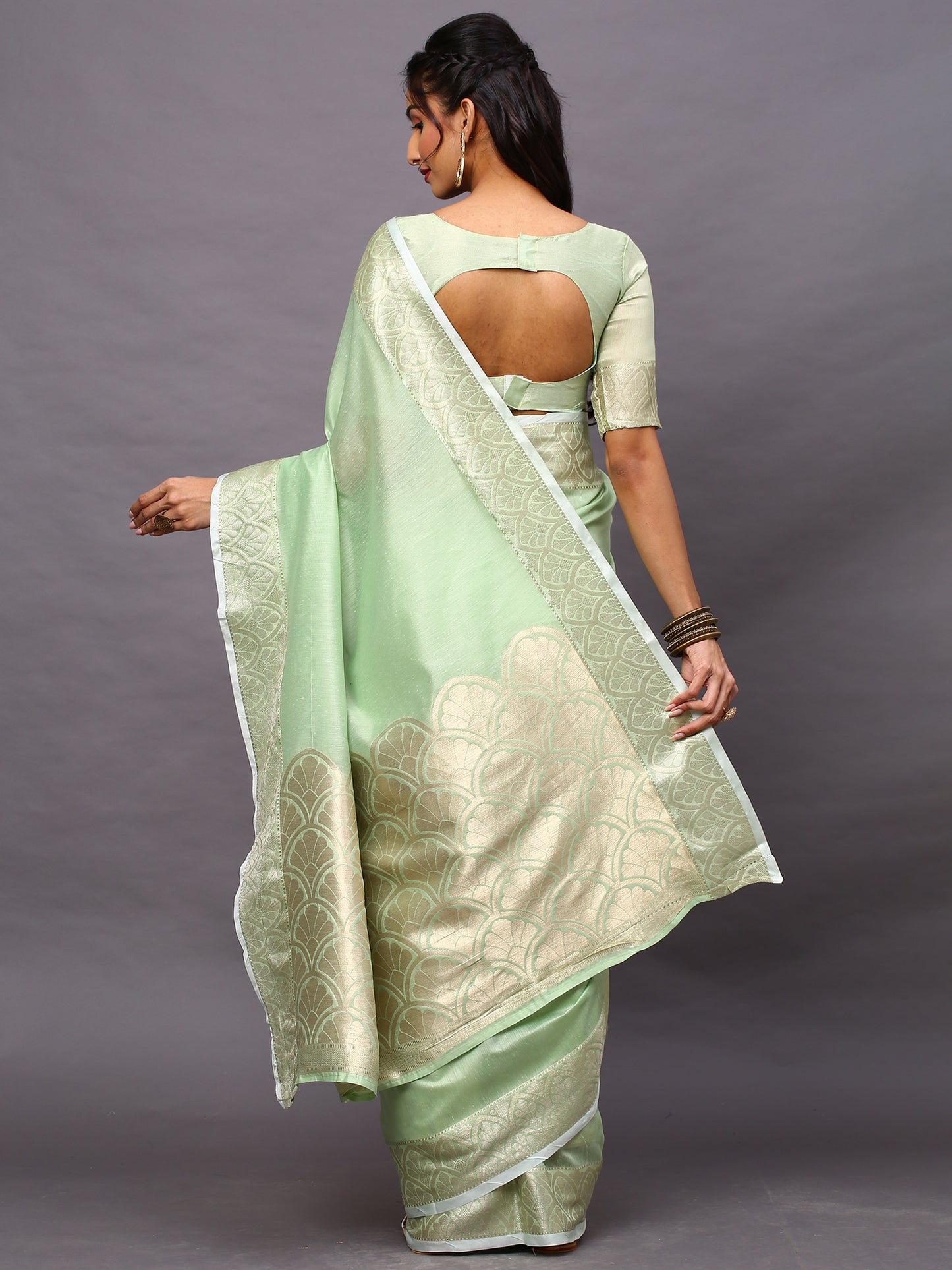 Women's Linen Blend Green Woven Design Designer Saree With Blouse Piece