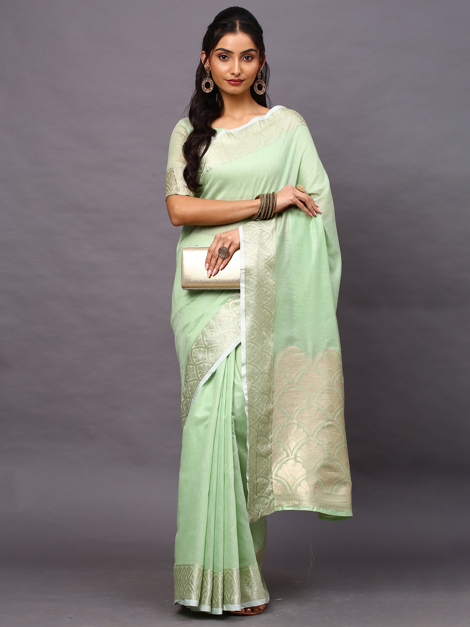 Women's Linen Blend Green Woven Design Designer Saree With Blouse Piece