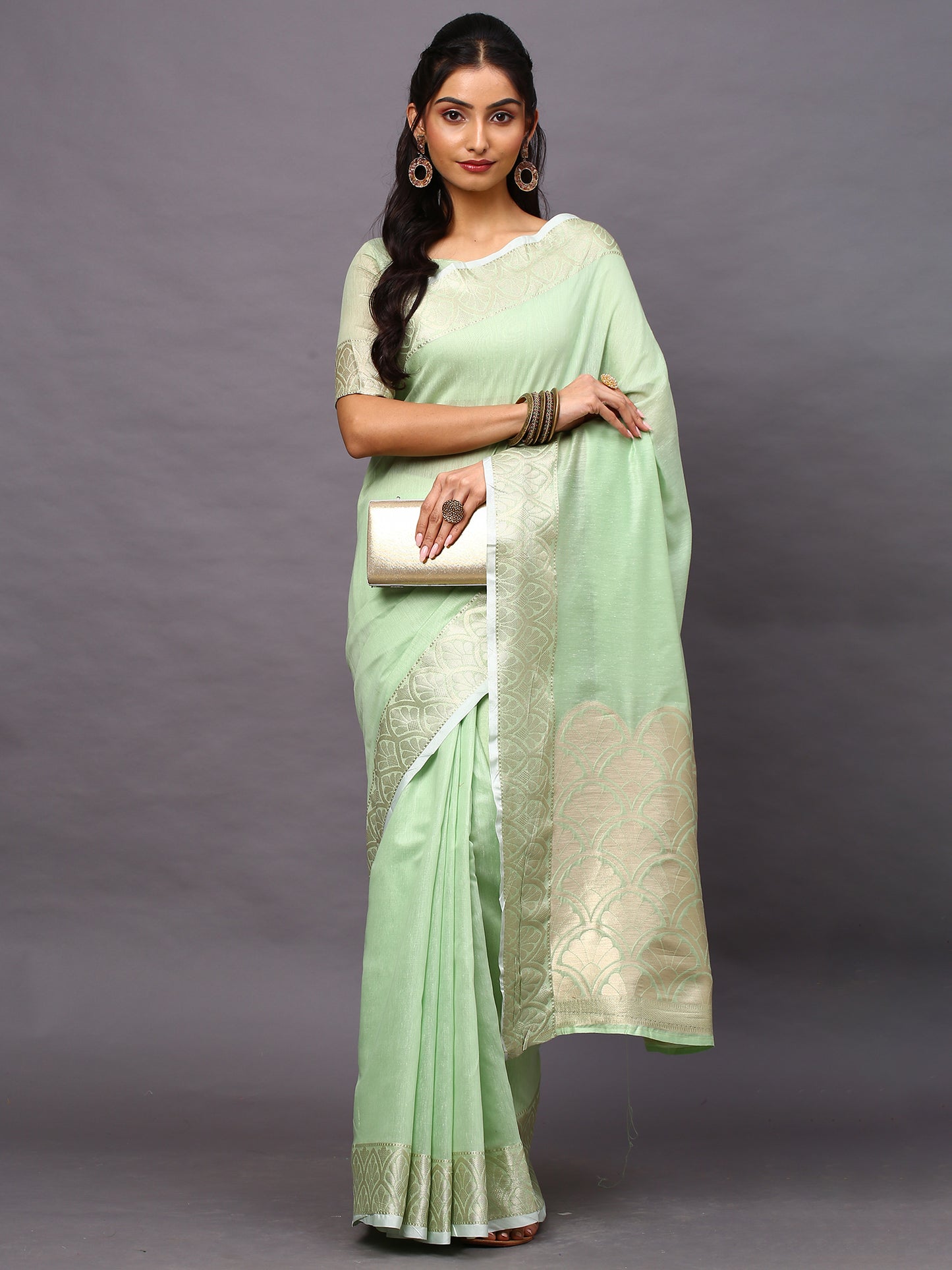 Women's Linen Blend Green Woven Design Designer Saree With Blouse Piece