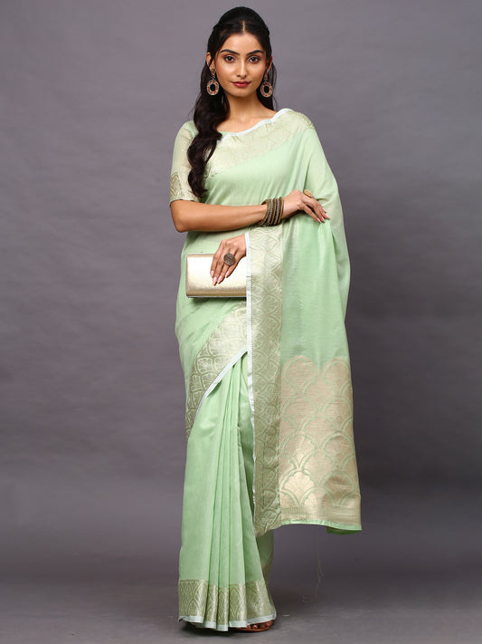 Women's Linen Blend Green Woven Design Designer Saree With Blouse Piece