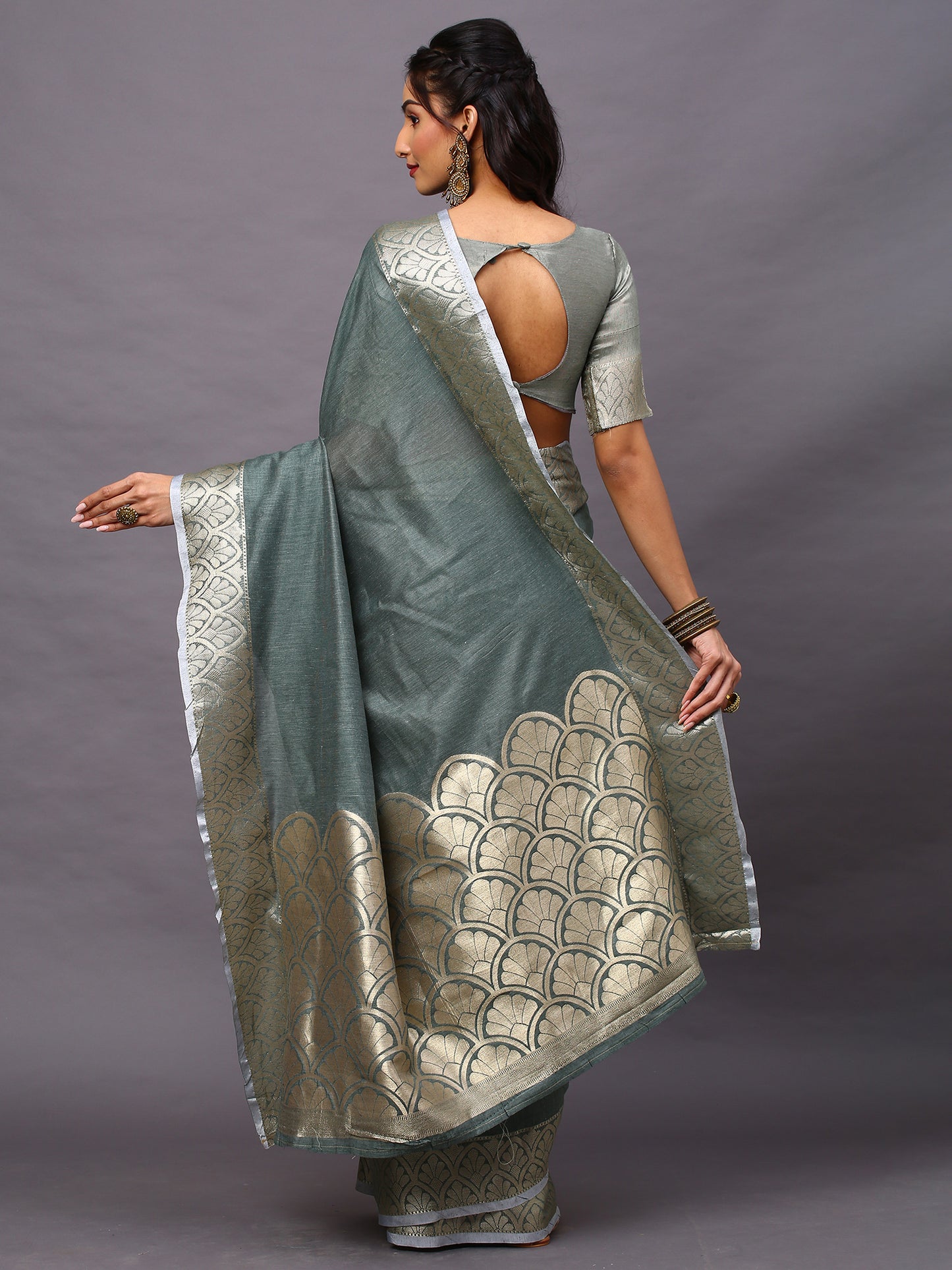 Women's Linen Blend Sea Green Woven Design Designer Saree With Blouse Piece