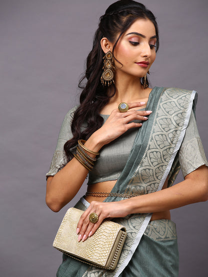 Women's Linen Blend Sea Green Woven Design Designer Saree With Blouse Piece