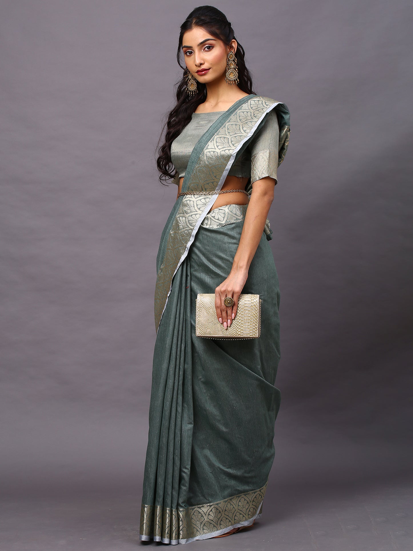 Women's Linen Blend Sea Green Woven Design Designer Saree With Blouse Piece